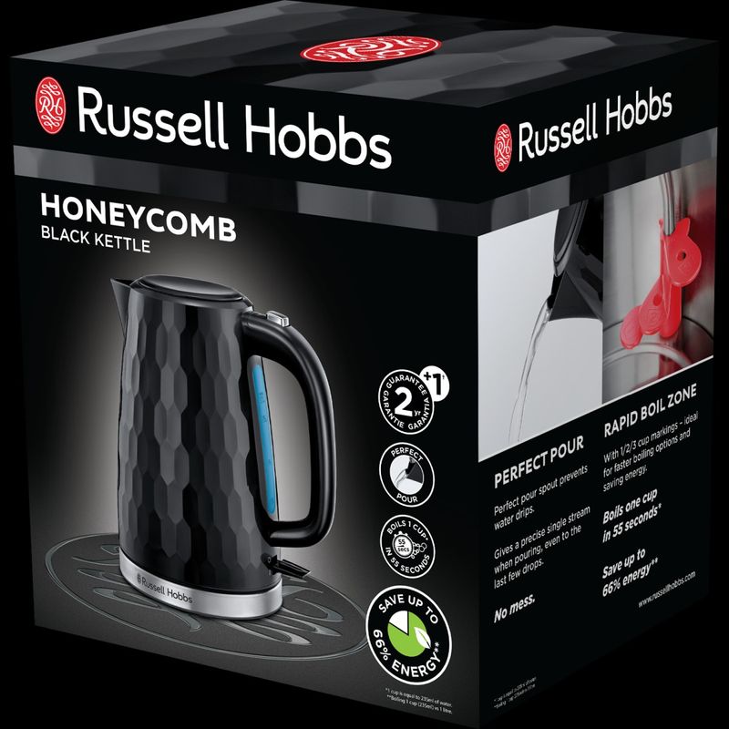 Electronice si Electrocasnice - Electrocasnice bucatarie - Preparare bauturi - Fierbatoare de apa - Fierbator Russell Hobbs Honeycomb, 1.7L, 2400W, design fagure, filtru calcar detasabil, negru - Infinity.ro