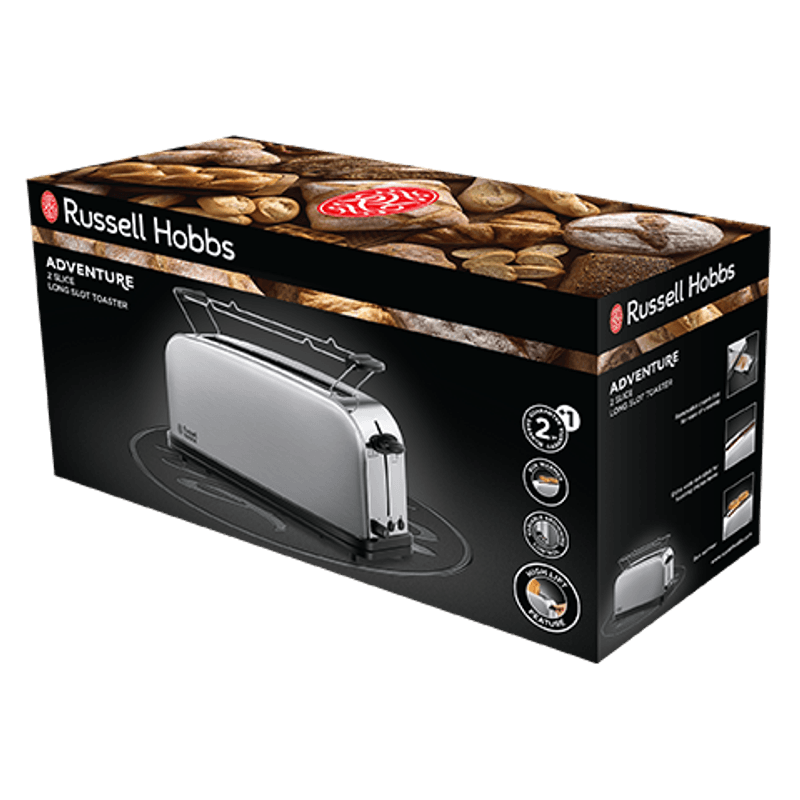 Electronice si Electrocasnice - Electrocasnice bucatarie - Preparare paine - Sandwich-maker - Prajitor de paine cu fanta lunga Russell Hobbs Adventure, fante extra late, gratar chifle, tava firimituri detasabila - Infinity.ro