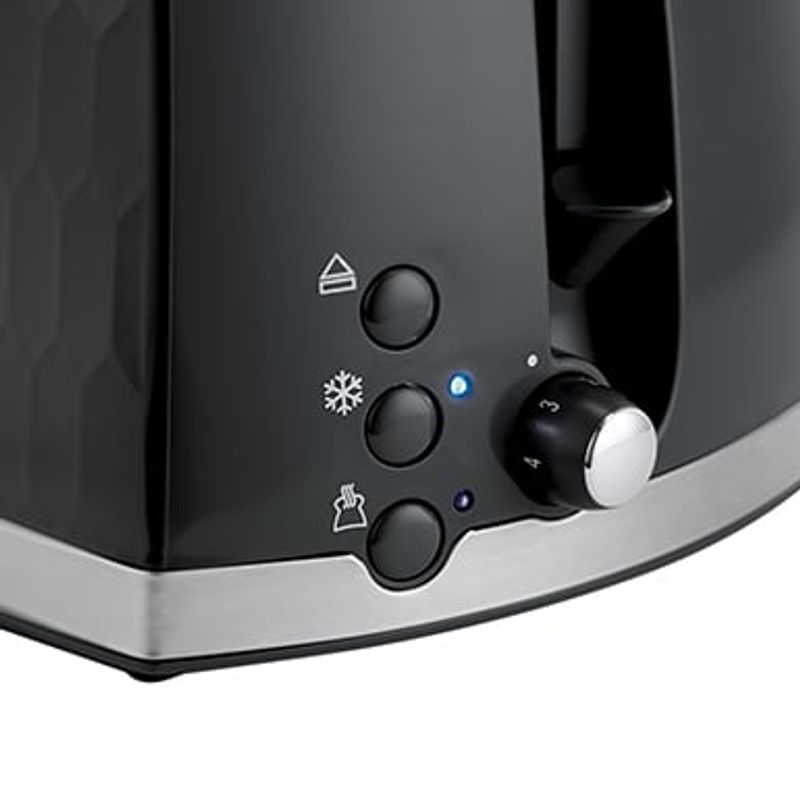 Electronice si Electrocasnice - Electrocasnice bucatarie - Preparare paine - Sandwich-maker - Prajitor de paine Russell Hobbs Honeycomb, 2 fante, design fagure, gratar chifle, tava firimituri detasabila, negru - Infinity.ro