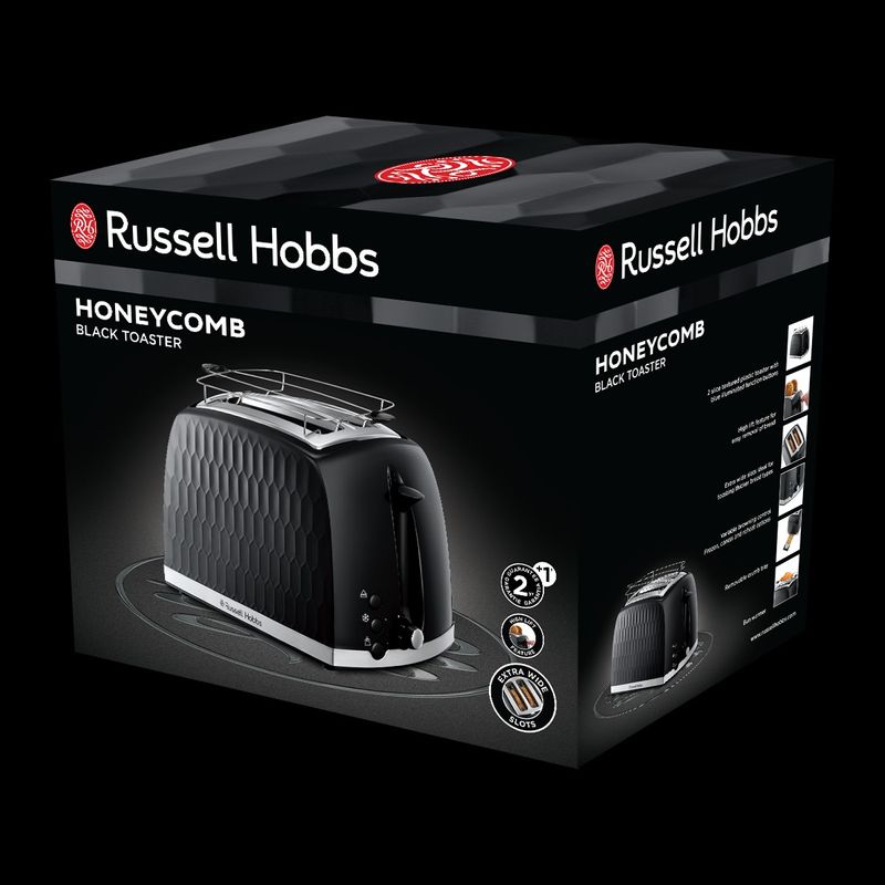 Electronice si Electrocasnice - Electrocasnice bucatarie - Preparare paine - Sandwich-maker - Prajitor de paine Russell Hobbs Honeycomb, 2 fante, design fagure, gratar chifle, tava firimituri detasabila, negru - Infinity.ro