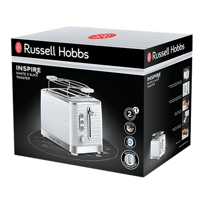 Electronice si Electrocasnice - Electrocasnice bucatarie - Preparare paine - Sandwich-maker - Prajitor de paine Russell Hobbs Inspire, 2 fante, gratar chifle, tava firimituri detasabila, functie decongelare, alb - Infinity.ro