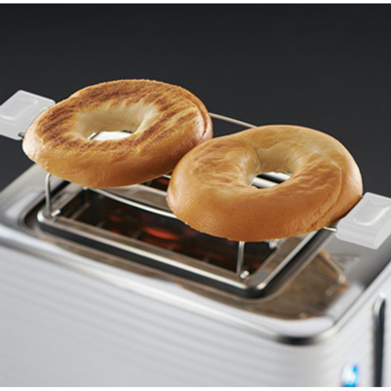 Electronice si Electrocasnice - Electrocasnice bucatarie - Preparare paine - Sandwich-maker - Prajitor de paine Russell Hobbs Inspire, 2 fante, gratar chifle, tava firimituri detasabila, functie decongelare, alb - Infinity.ro