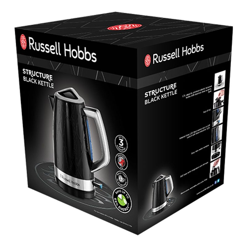 Electronice si Electrocasnice - Electrocasnice bucatarie - Preparare bauturi - Fierbatoare de apa - Fierbator Russell Hobbs Structure, 1.7L, 2400W, design geometric, filtru calcar, indicator nivel apa, negru - Infinity.ro
