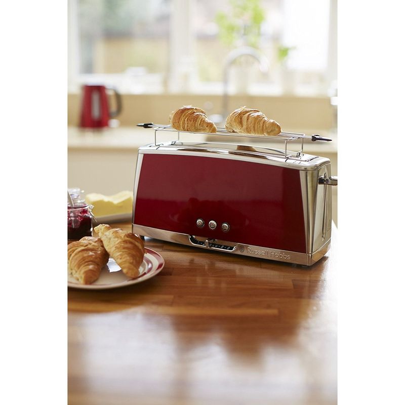 Electronice si Electrocasnice - Electrocasnice bucatarie - Preparare paine - Sandwich-maker - Prajitor de paine cu fanta lunga Russell Hobbs Luna, prajire rapida 55%, gratar chifle, tava firimituri detasabila, rosu - Infinity.ro