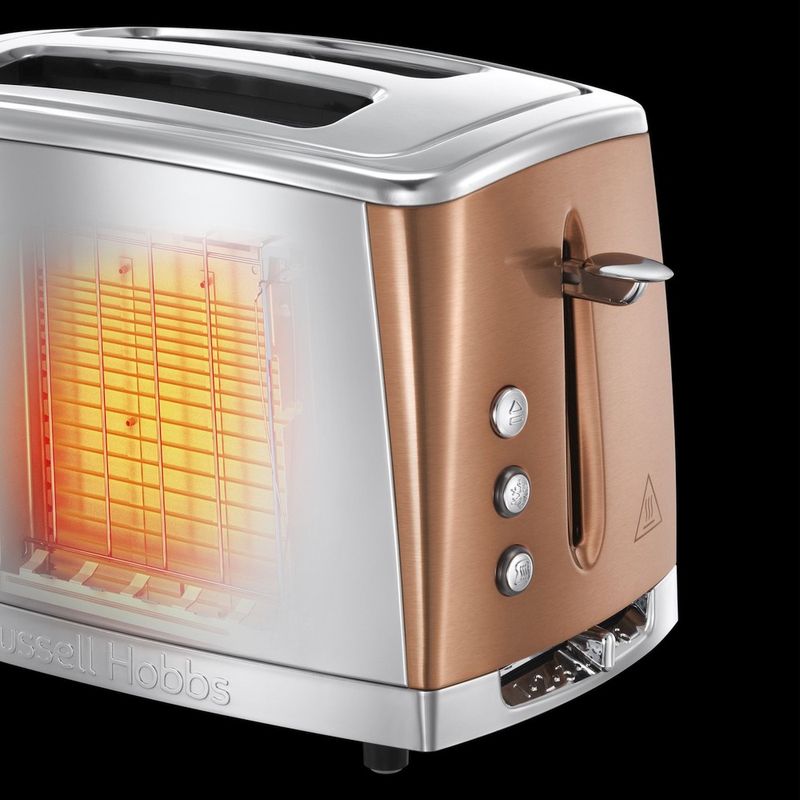 Electronice si Electrocasnice - Electrocasnice bucatarie - Preparare paine - Sandwich-maker - Prajitor de paine Russell Hobbs Luna, 2 fante, prajire rapida 55%, gratar chifle, tava firimituri detasabila, cupru - Infinity.ro
