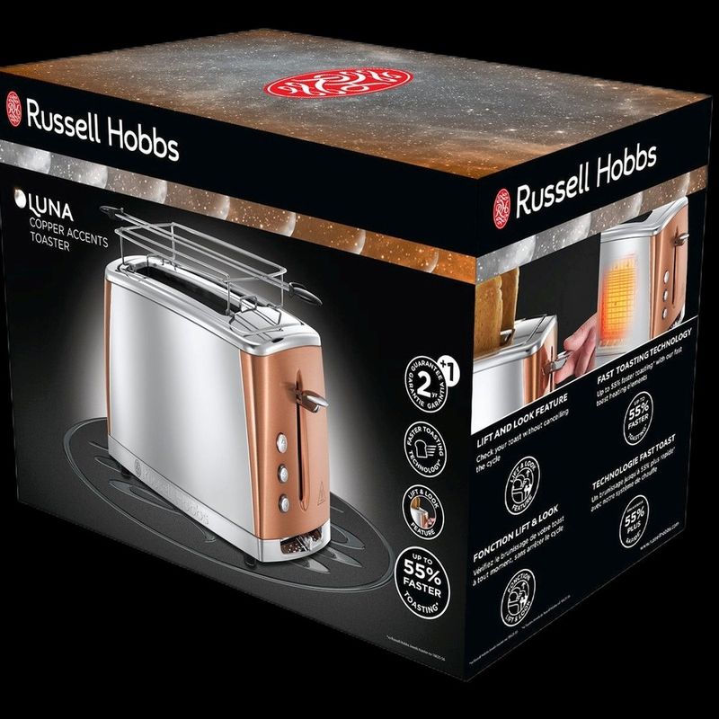 Electronice si Electrocasnice - Electrocasnice bucatarie - Preparare paine - Sandwich-maker - Prajitor de paine Russell Hobbs Luna, 2 fante, prajire rapida 55%, gratar chifle, tava firimituri detasabila, cupru - Infinity.ro