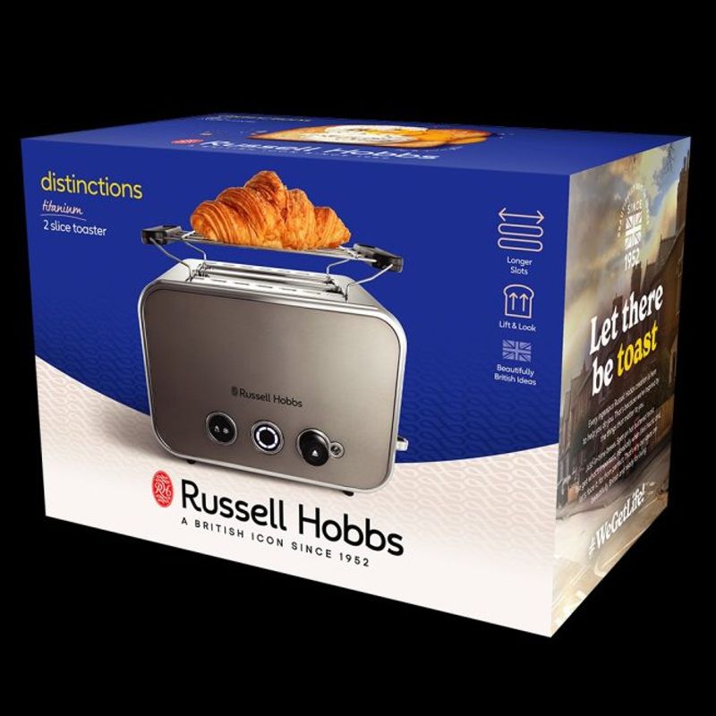 Electronice si Electrocasnice - Electrocasnice bucatarie - Preparare paine - Prajitoare de paine - Prajitor de paine Russell Hobbs Distinctions, 2 fante, gratar chifle, tava firimituri detasabila, design premium, titan - Infinity.ro