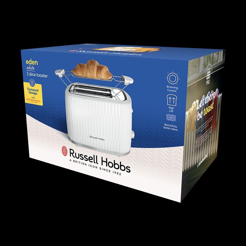 Electronice si Electrocasnice - Electrocasnice bucatarie - Preparare paine - Sandwich-maker - Prajitor de paine Russell Hobbs Eden, 2 fante, gratar chifle, tava firimituri detasabila, design modern, alb - Infinity.ro