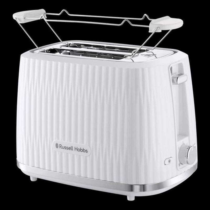 Electronice si Electrocasnice - Electrocasnice bucatarie - Preparare paine - Sandwich-maker - Prajitor de paine Russell Hobbs Eden, 2 fante, gratar chifle, tava firimituri detasabila, design modern, alb - Infinity.ro
