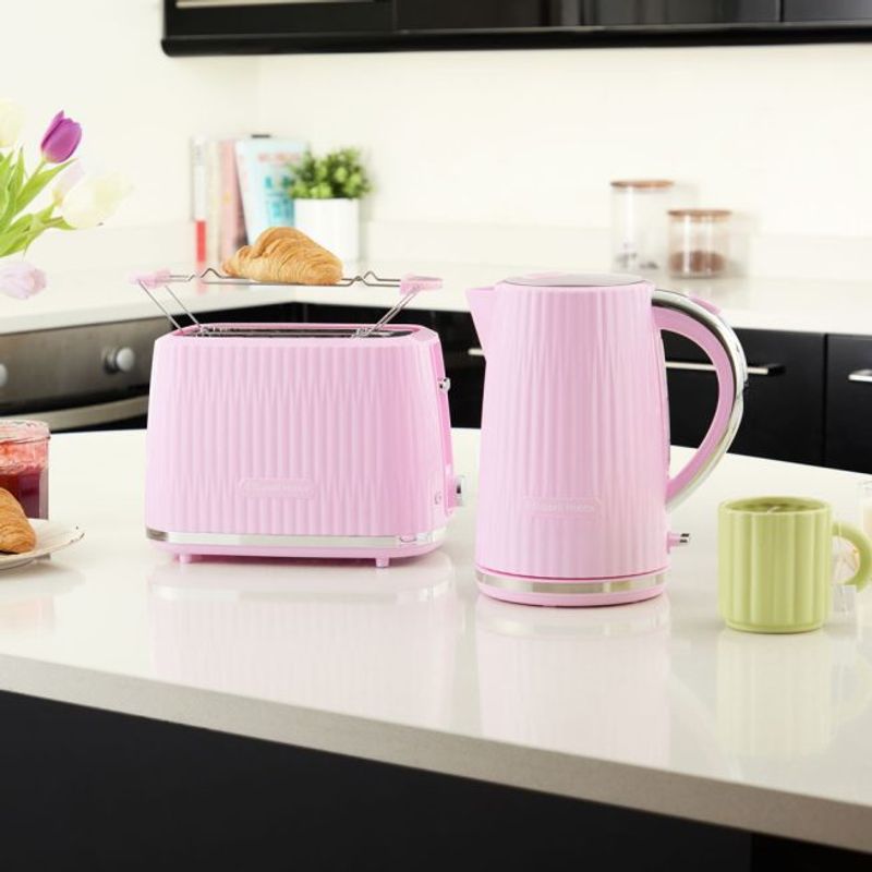 Electronice si Electrocasnice - Electrocasnice bucatarie - Preparare paine - Sandwich-maker - Prajitor de paine Russell Hobbs Eden, 2 fante, gratar chifle, tava firimituri detasabila, design modern, roz - Infinity.ro