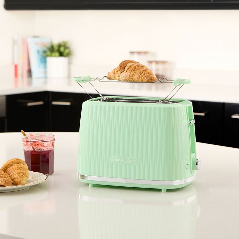 Electronice si Electrocasnice - Electrocasnice bucatarie - Preparare paine - Sandwich-maker - Prajitor de paine Russell Hobbs Eden, 2 fante, gratar chifle, tava firimituri detasabila, design modern, verde - Infinity.ro