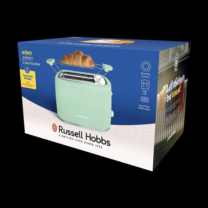 Electronice si Electrocasnice - Electrocasnice bucatarie - Preparare paine - Sandwich-maker - Prajitor de paine Russell Hobbs Eden, 2 fante, gratar chifle, tava firimituri detasabila, design modern, verde - Infinity.ro