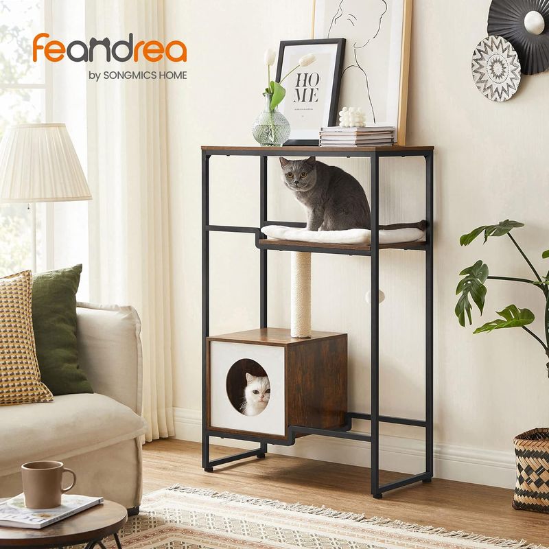 Petshop - Accesorii petshop - Jucarii animale - Ansambluri de joaca - Mobilier 2 in 1 pisici cu pestera si rafturi decorative, PAL otel plus sisal, max 30 kg, 74x34x114 cm, maro vintage - Infinity.ro