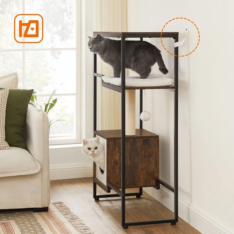 Petshop - Accesorii petshop - Jucarii animale - Ansambluri de joaca - Mobilier 2 in 1 pisici cu pestera si rafturi decorative, PAL otel plus sisal, max 30 kg, 74x34x114 cm, maro vintage - Infinity.ro