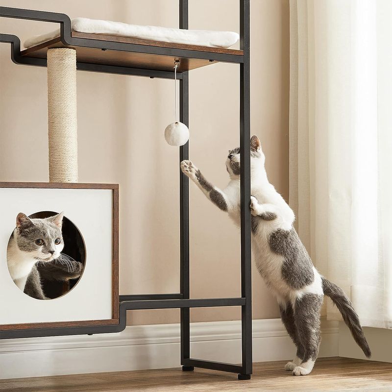 Petshop - Accesorii petshop - Jucarii animale - Ansambluri de joaca - Mobilier 2 in 1 pisici cu pestera si rafturi decorative, PAL otel plus sisal, max 30 kg, 74x34x114 cm, maro vintage - Infinity.ro