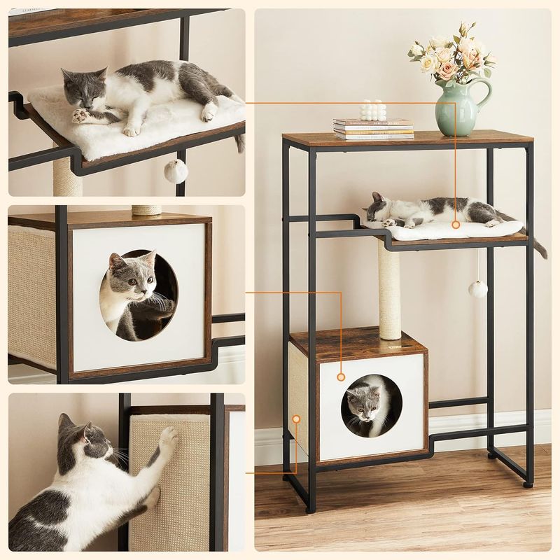 Petshop - Accesorii petshop - Jucarii animale - Ansambluri de joaca - Mobilier 2 in 1 pisici cu pestera si rafturi decorative, PAL otel plus sisal, max 30 kg, 74x34x114 cm, maro vintage - Infinity.ro