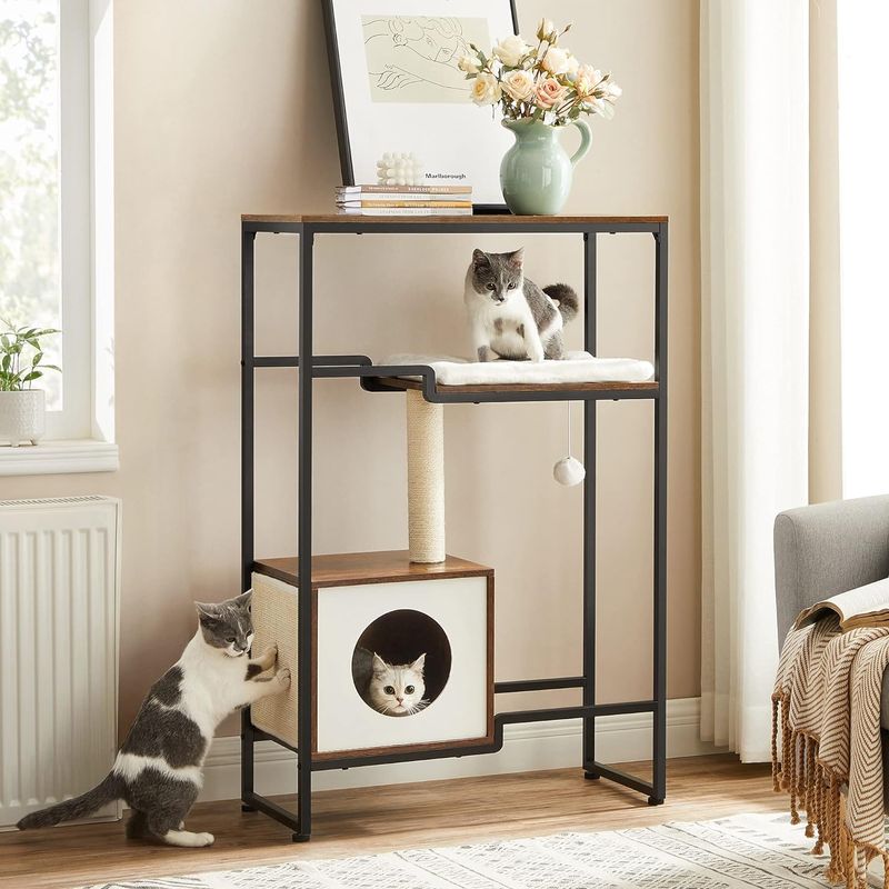 Petshop - Accesorii petshop - Jucarii animale - Ansambluri de joaca - Mobilier 2 in 1 pisici cu pestera si rafturi decorative, PAL otel plus sisal, max 30 kg, 74x34x114 cm, maro vintage - Infinity.ro