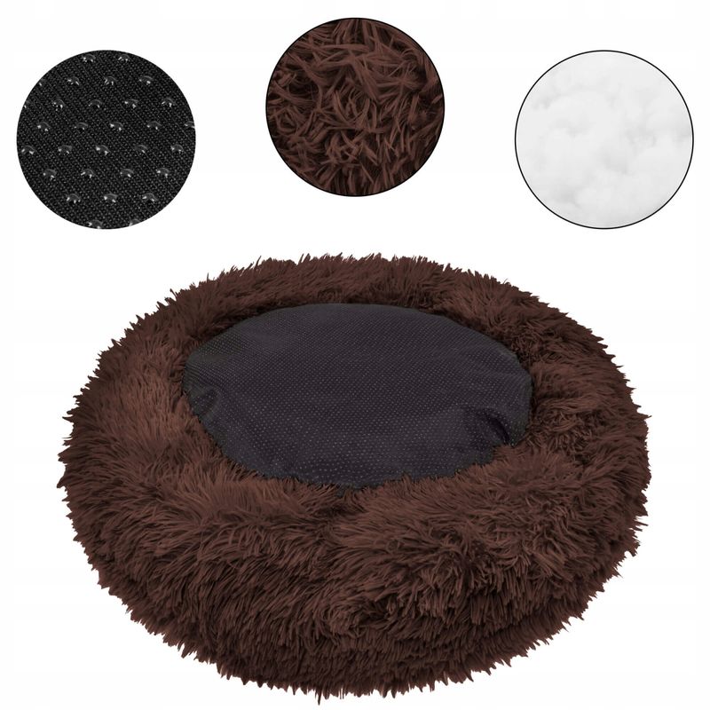 Petshop - Accesorii petshop - Culcusuri si custi - Culcusuri si saltele - Pat pufos caini pisici husa detasabila lavabila rotund, 80 cm diametru, anti-alunecare, maro - Infinity.ro