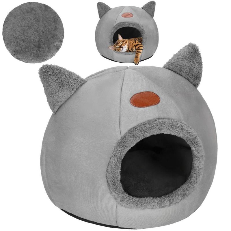 Petshop - Accesorii petshop - Culcusuri si custi - Culcusuri si saltele - Patut pisici caini moale pufos antiderapant perna detasabila, 37x31x36 cm, confort, gri - Infinity.ro