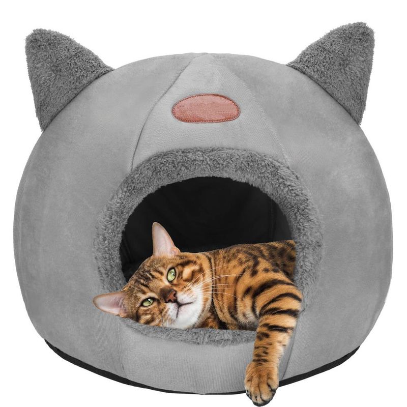 Petshop - Accesorii petshop - Culcusuri si custi - Culcusuri si saltele - Patut pisici caini moale pufos antiderapant perna detasabila, 37x31x36 cm, confort, gri - Infinity.ro
