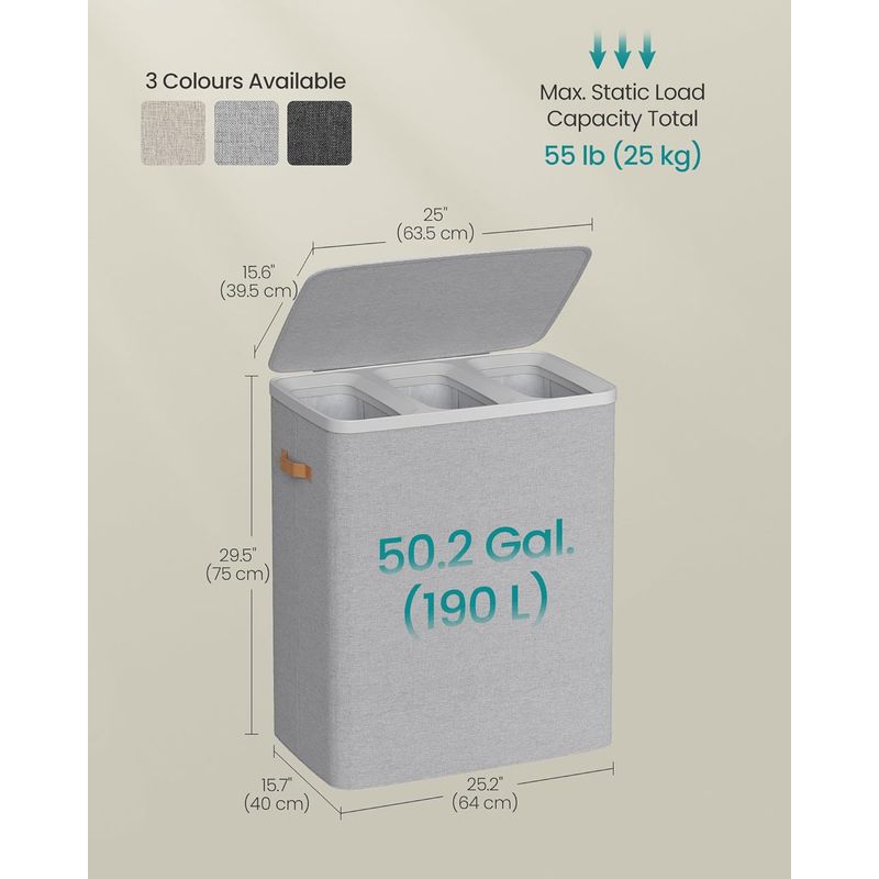 Market - Spalare si intretinere rufe - Uscatoare de rufe si accesorii - Cos rufe cu 3 compartimente si capac, saci detasabili cu maner, 190 litri, 64x40x75 cm, gri - Infinity.ro