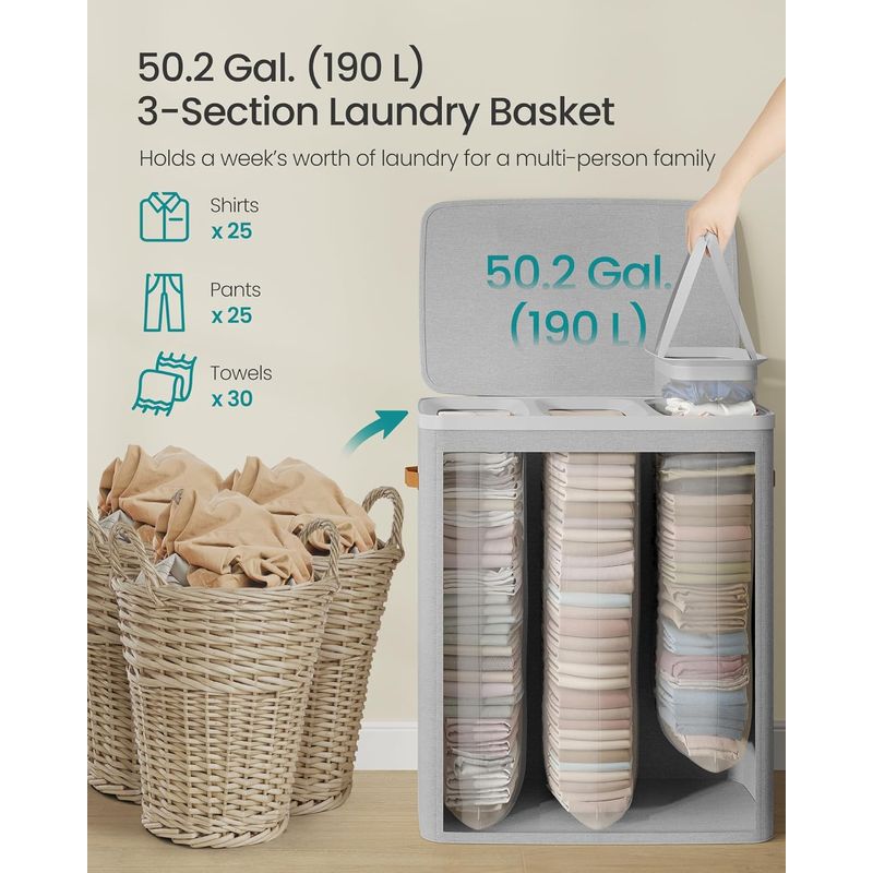 Market - Spalare si intretinere rufe - Uscatoare de rufe si accesorii - Cos rufe cu 3 compartimente si capac, saci detasabili cu maner, 190 litri, 64x40x75 cm, gri - Infinity.ro