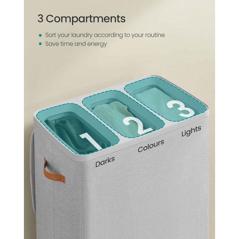 Market - Spalare si intretinere rufe - Uscatoare de rufe si accesorii - Cos rufe cu 3 compartimente si capac, saci detasabili cu maner, 190 litri, 64x40x75 cm, gri - Infinity.ro