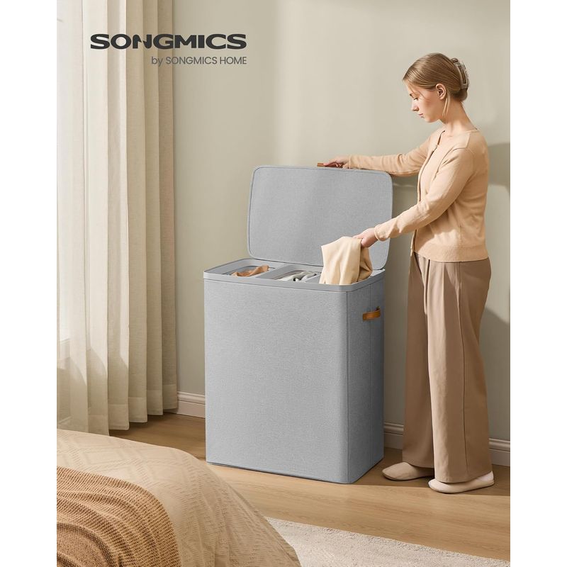 Market - Spalare si intretinere rufe - Uscatoare de rufe si accesorii - Cos rufe cu 3 compartimente si capac, saci detasabili cu maner, 190 litri, 64x40x75 cm, gri - Infinity.ro