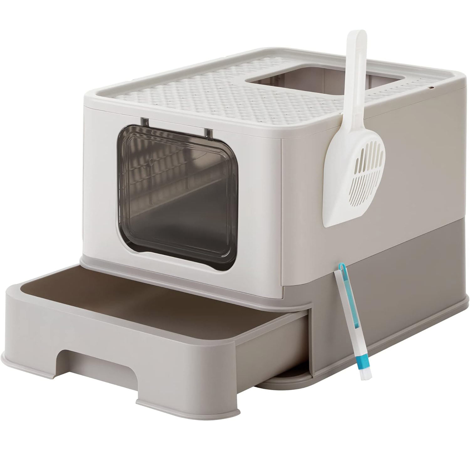 Litiera pisici cu capac tava extensibila maxim 15 kg, 54x43x38 cm, design igienic, gri
