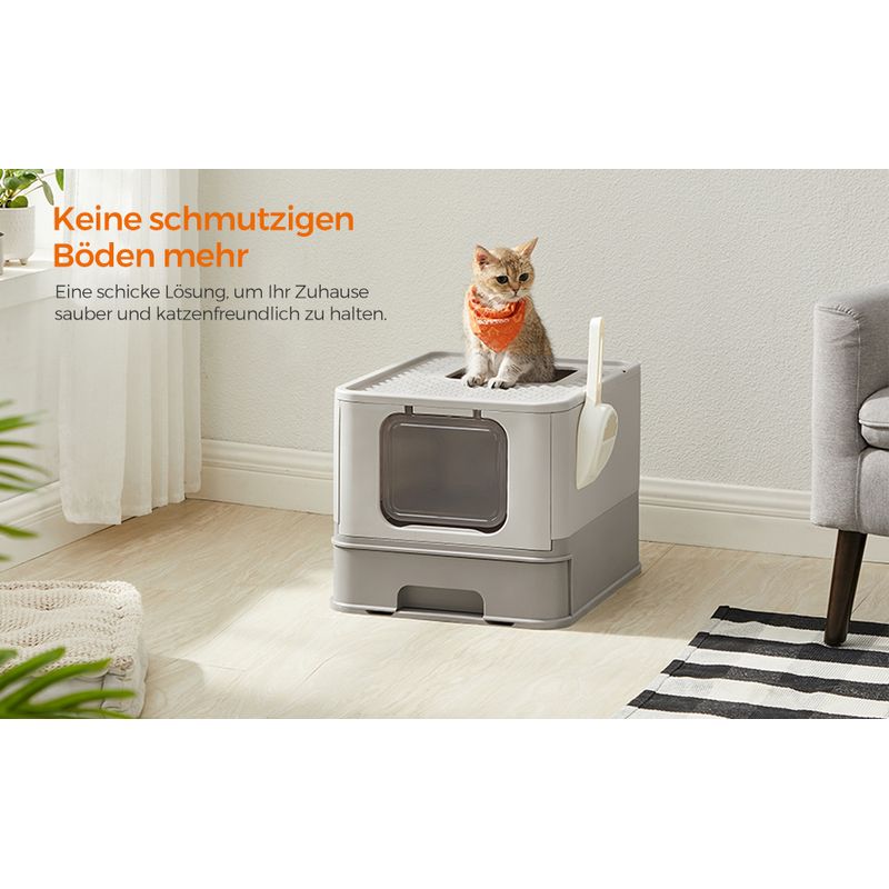 Petshop - Ingrijire si Igiena - Litiere si accesorii - Litiere acoperite - Litiera pisici cu capac tava extensibila maxim 15 kg, 54x43x38 cm, design igienic, gri - Infinity.ro