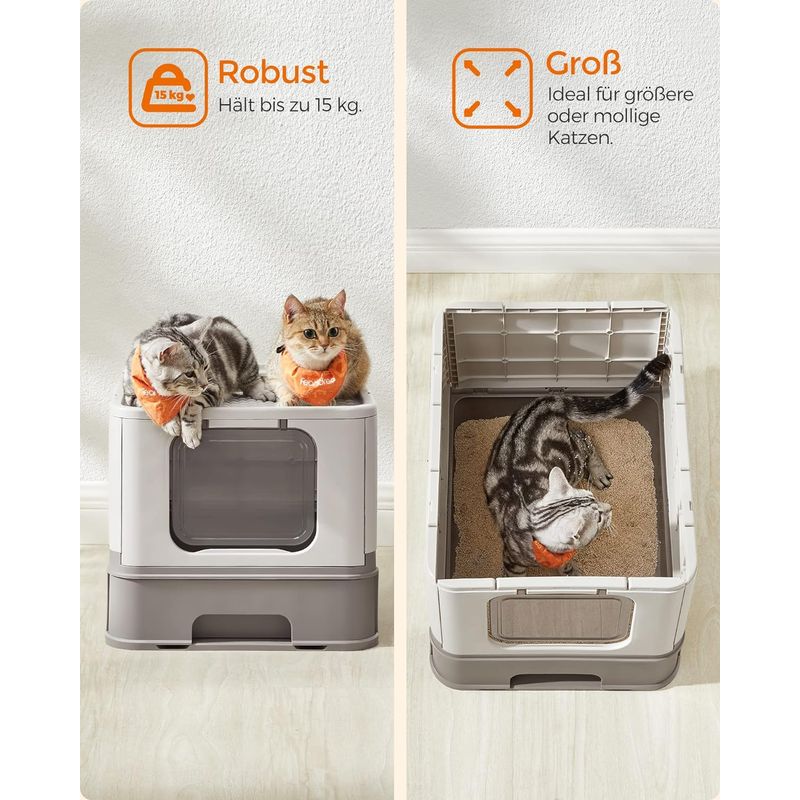 Petshop - Ingrijire si Igiena - Litiere si accesorii - Litiere acoperite - Litiera pisici cu capac tava extensibila maxim 15 kg, 54x43x38 cm, design igienic, gri - Infinity.ro