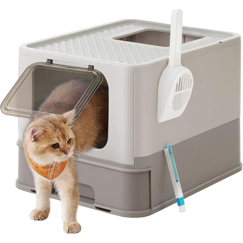 Petshop - Ingrijire si Igiena - Litiere si accesorii - Litiere acoperite - Litiera pisici cu capac tava extensibila maxim 15 kg, 54x43x38 cm, design igienic, gri - Infinity.ro