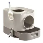 Petshop - Ingrijire si Igiena - Litiere si accesorii - Litiere acoperite - Litiera pisici xxl cu capac tava extensibila accesorii, 54x43x40 cm, design igienic, gri deschis - Infinity.ro