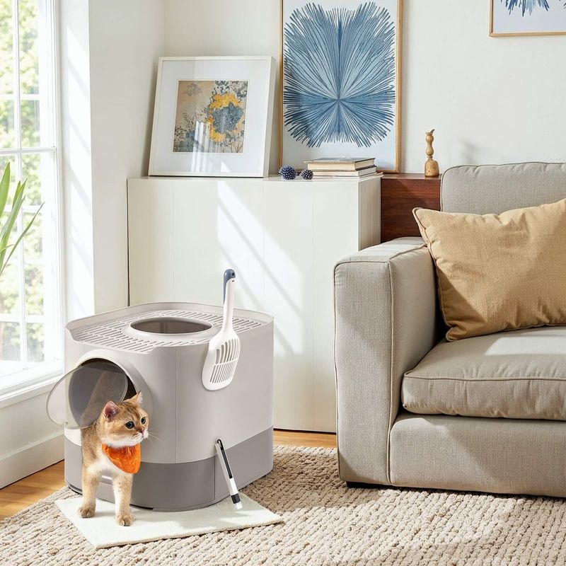 Petshop - Ingrijire si Igiena - Litiere si accesorii - Litiere acoperite - Litiera pisici xxl cu capac tava extensibila accesorii, 54x43x40 cm, design igienic, gri deschis - Infinity.ro