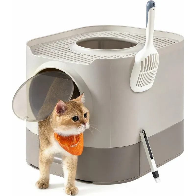 Petshop - Ingrijire si Igiena - Litiere si accesorii - Litiere acoperite - Litiera pisici xxl cu capac tava extensibila accesorii, 54x43x40 cm, design igienic, gri deschis - Infinity.ro