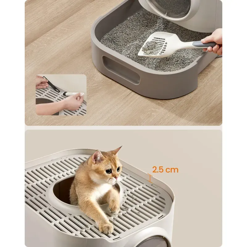 Petshop - Ingrijire si Igiena - Litiere si accesorii - Litiere acoperite - Litiera pisici xxl cu capac tava extensibila accesorii, 54x43x40 cm, design igienic, gri deschis - Infinity.ro