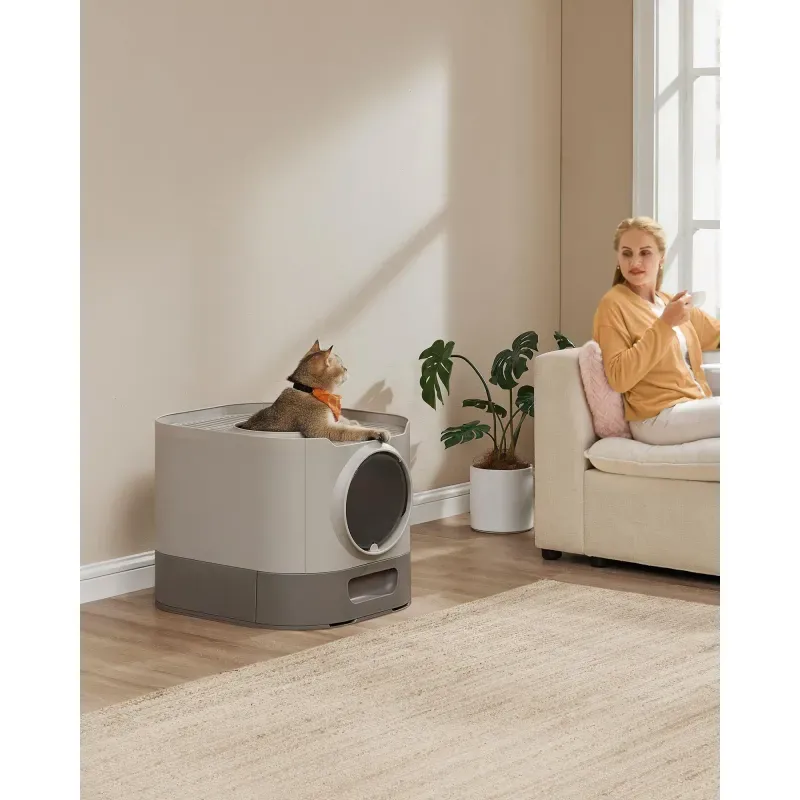 Petshop - Ingrijire si Igiena - Litiere si accesorii - Litiere acoperite - Litiera pisici xxl cu capac tava extensibila accesorii, 54x43x40 cm, design igienic, gri deschis - Infinity.ro