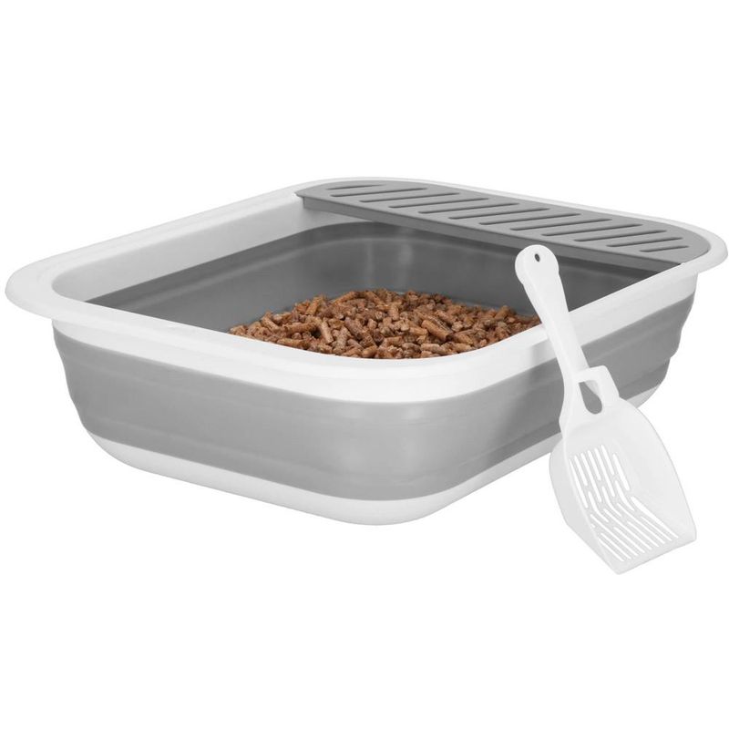 Petshop - Ingrijire si Igiena - Litiere si accesorii - Litiere simple - Litiera pliabila pisici lopatica capac plastic compact, 45x34x12 cm, usor de depozitat, gri alb - Infinity.ro