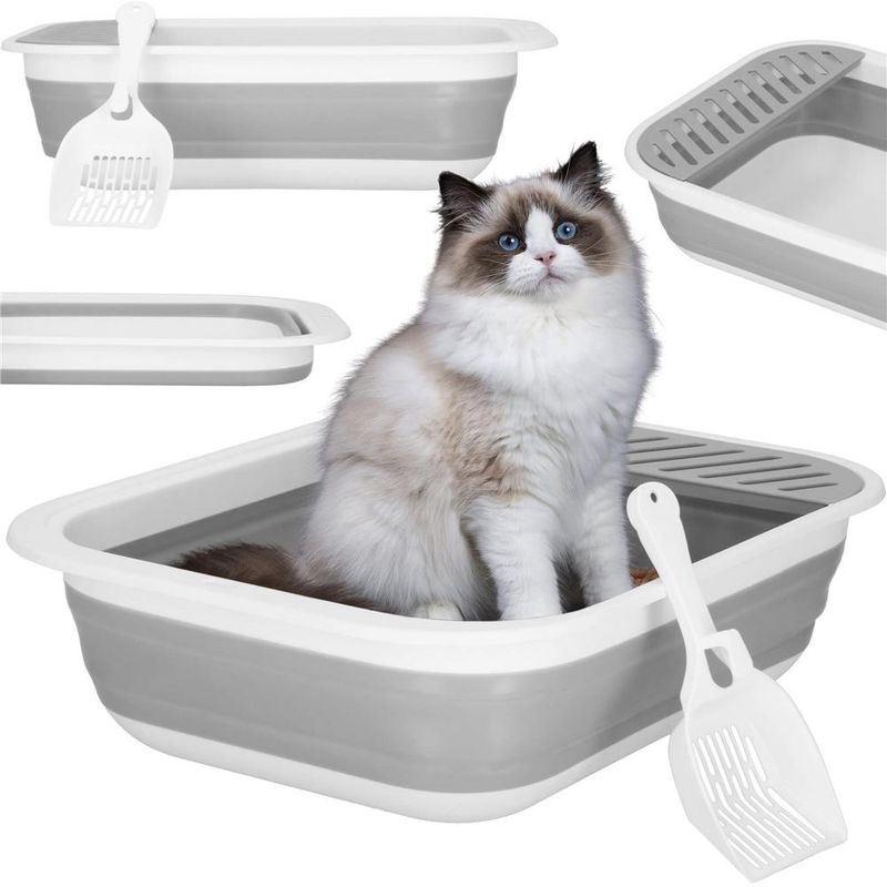 Petshop - Ingrijire si Igiena - Litiere si accesorii - Litiere simple - Litiera pliabila pisici lopatica capac plastic compact, 45x34x12 cm, usor de depozitat, gri alb - Infinity.ro
