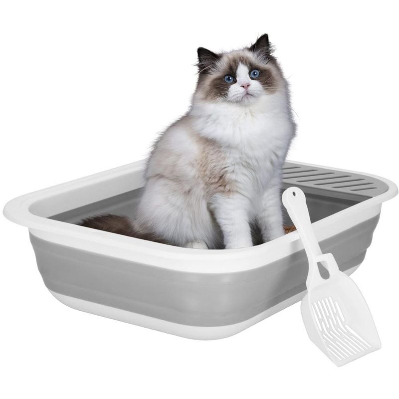 Petshop - Ingrijire si Igiena - Litiere si accesorii - Litiere simple - Litiera pliabila pisici lopatica capac plastic compact, 45x34x12 cm, usor de depozitat, gri alb - Infinity.ro