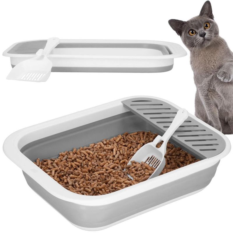 Petshop - Ingrijire si Igiena - Litiere si accesorii - Litiere simple - Litiera pliabila pisici lopatica capac plastic compact, 45x34x12 cm, usor de depozitat, gri alb - Infinity.ro