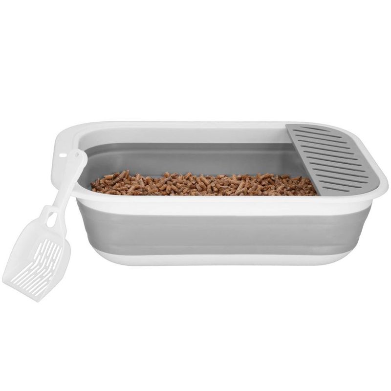 Petshop - Ingrijire si Igiena - Litiere si accesorii - Litiere simple - Litiera pliabila pisici lopatica capac plastic compact, 45x34x12 cm, usor de depozitat, gri alb - Infinity.ro