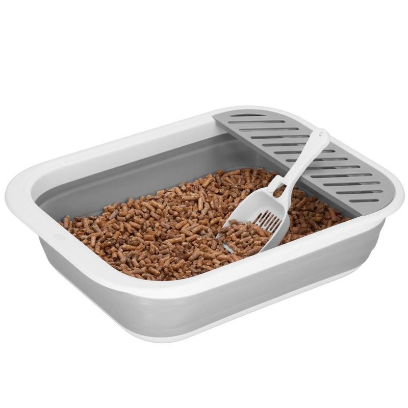 Petshop - Ingrijire si Igiena - Litiere si accesorii - Litiere simple - Litiera pliabila pisici lopatica capac plastic compact, 45x34x12 cm, usor de depozitat, gri alb - Infinity.ro