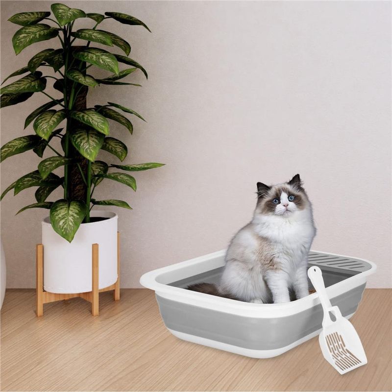 Petshop - Ingrijire si Igiena - Litiere si accesorii - Litiere simple - Litiera pliabila pisici lopatica capac plastic compact, 45x34x12 cm, usor de depozitat, gri alb - Infinity.ro