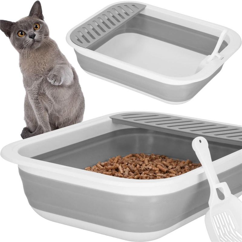 Petshop - Ingrijire si Igiena - Litiere si accesorii - Litiere simple - Litiera pliabila pisici lopatica capac plastic compact, 45x34x12 cm, usor de depozitat, gri alb - Infinity.ro