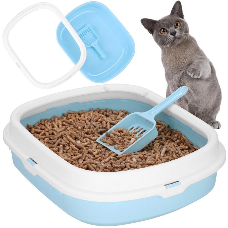Petshop - Ingrijire si Igiena - Litiere si accesorii - Litiere simple - Litiera pisici lopatica plastic pp montaj simplu 2 piese, 40x33x11 cm, design compact, albastru alb - Infinity.ro