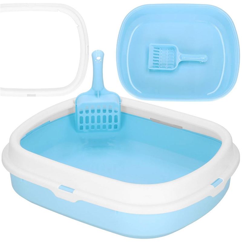 Petshop - Ingrijire si Igiena - Litiere si accesorii - Litiere simple - Litiera pisici lopatica plastic pp montaj simplu 2 piese, 40x33x11 cm, design compact, albastru alb - Infinity.ro