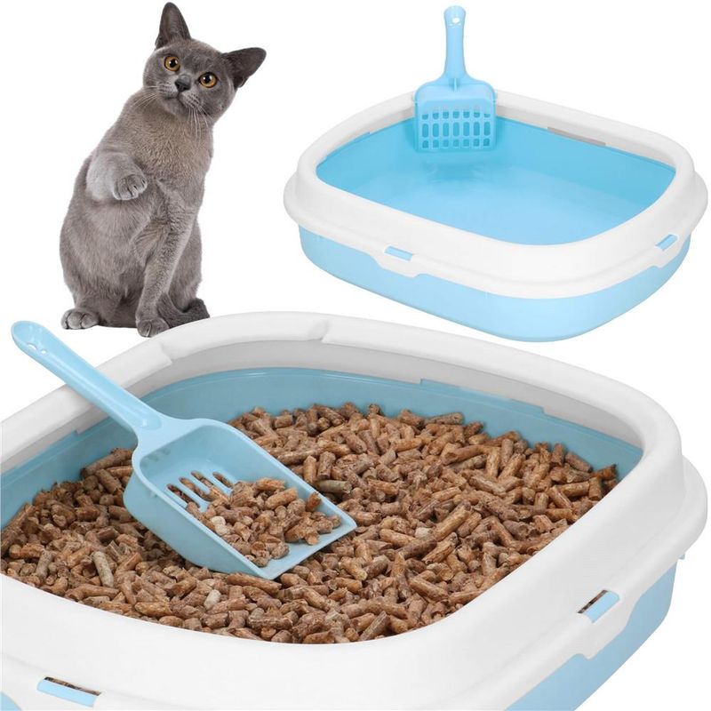 Petshop - Ingrijire si Igiena - Litiere si accesorii - Litiere simple - Litiera pisici lopatica plastic pp montaj simplu 2 piese, 40x33x11 cm, design compact, albastru alb - Infinity.ro