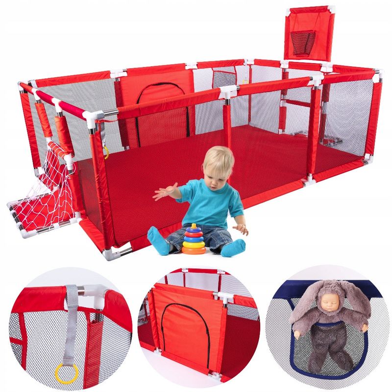 Casa si Gradina - Mobilier - Mobilier copii - Tarcuri copii - Tarc joaca XXL copii si bebe cu cos baschet, 2 porti mingi, intrare fermoar, Oxford 150D, 230x122x62 cm, rosu - Infinity.ro