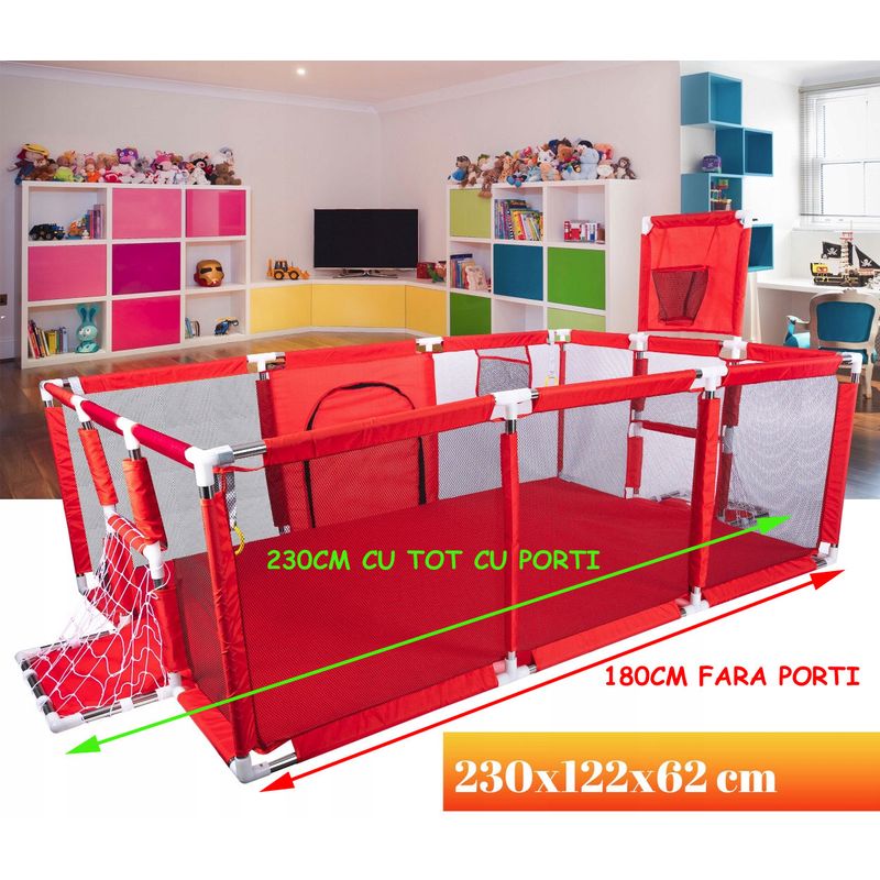 Casa si Gradina - Mobilier - Mobilier copii - Tarcuri copii - Tarc joaca XXL copii si bebe cu cos baschet, 2 porti mingi, intrare fermoar, Oxford 150D, 230x122x62 cm, rosu - Infinity.ro